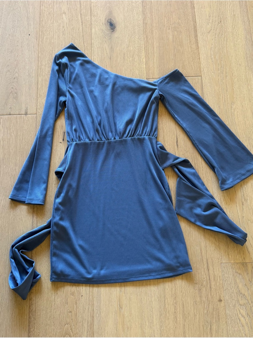 Privacy Please Chloe One-Shoulder Steel Blue Wrap Mini Dress - Picture 3 of 5